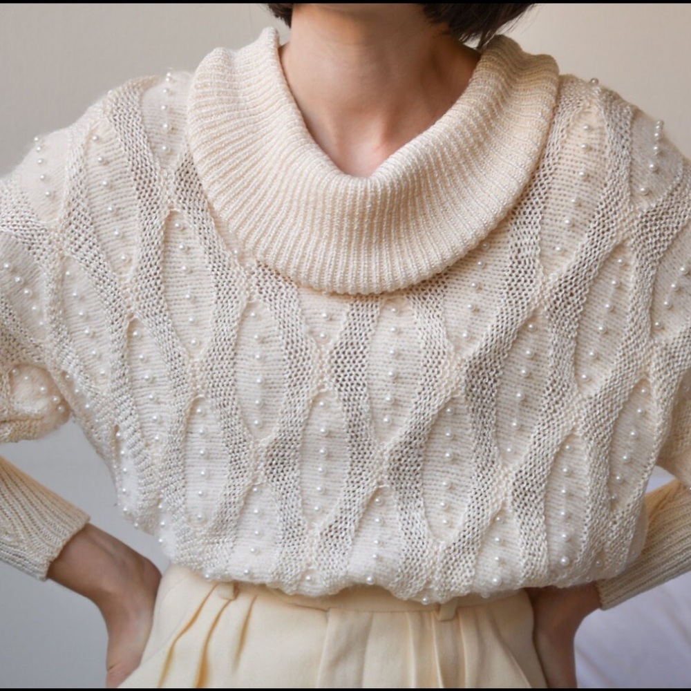Vintage Cream Cable Knit Sweater | Cozy Chunky Neutral Pullover Angora | Small